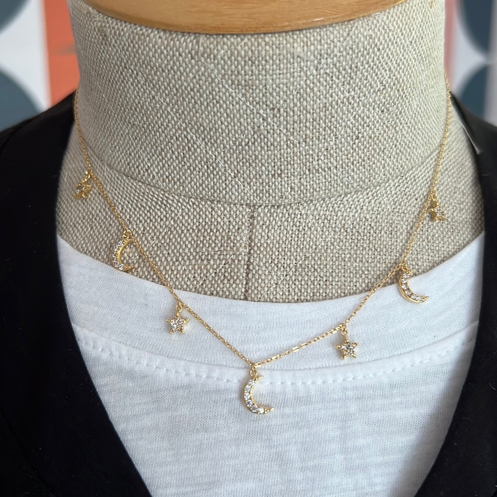 NEW Dainty Gold Collar Necklace With Pave Moon and Star Charms